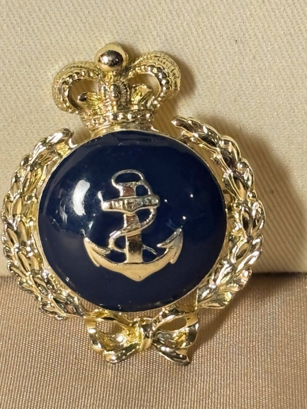Vintage Blue Enamel Gold Tone Globe Brooch Nautical Crown Royal Theme 1990s A51